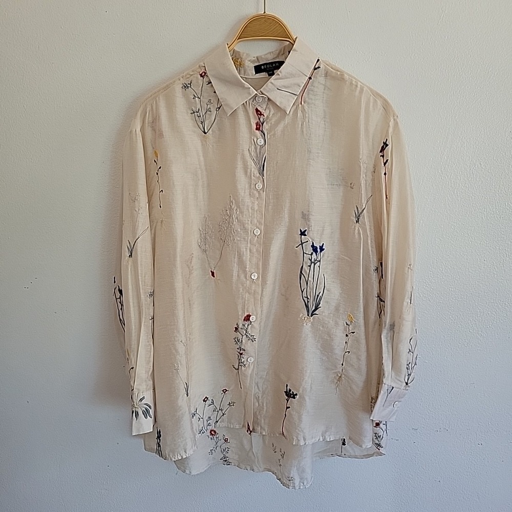 Beulah Style Embroidered Top One Size Botanical Button Up Boho Chic Cottagecore